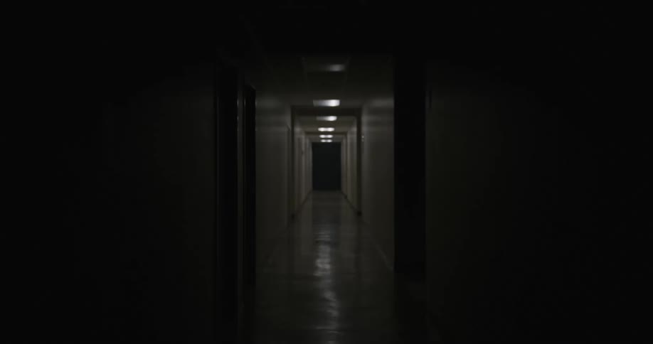 Person running down a spooky hallway with flashing lights