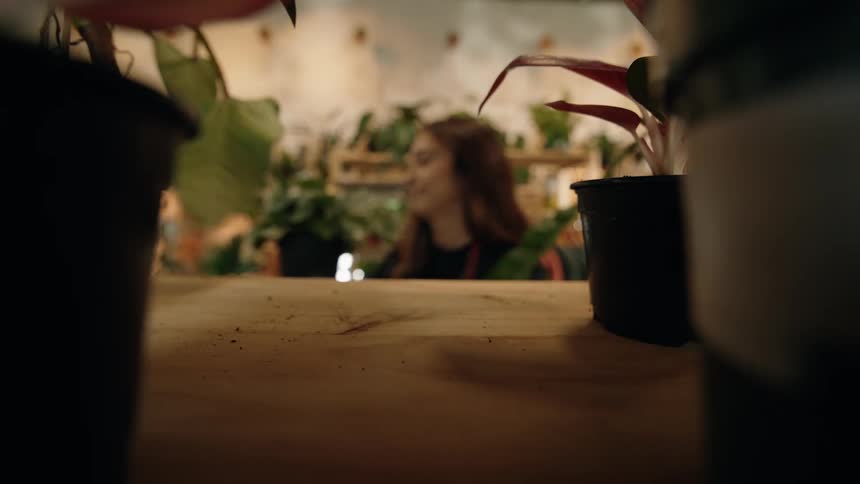 Woman picks up a potted plant from a shelf in an indoor garden