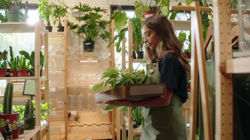 A woman is stocking plants in the store