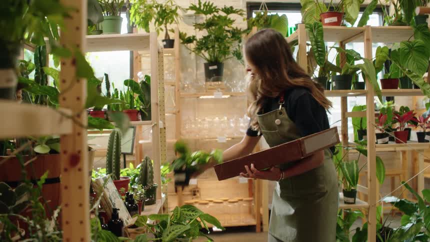 A young woman tends to potted plants inside a welllit indoor greenhouse or plant shop carefully arranging them with a look of gentle concentration