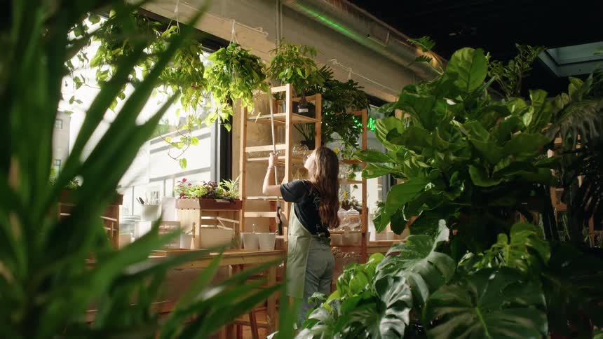 A woman tends to hanging and potted plants inside a lush indoor plant shop or greenhouse during daylight hours