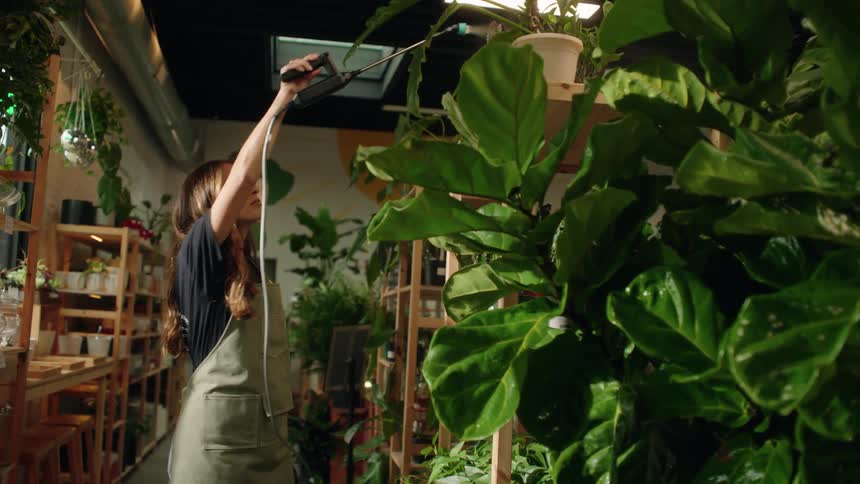 A worker is watering the plants in the plant store