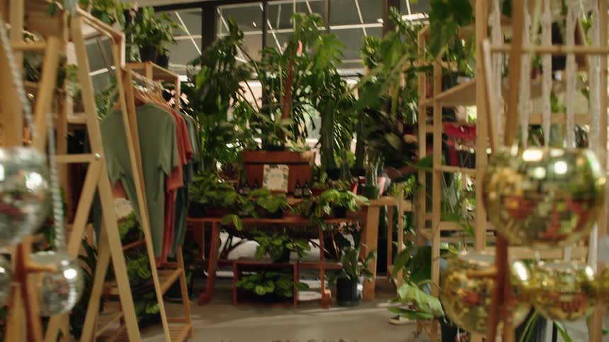 A woman picks up a potted plant and drops it on a wooden table across the room