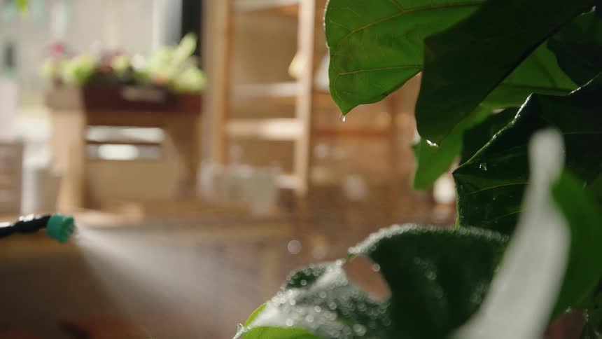 The plants are being sprayed with water in the store