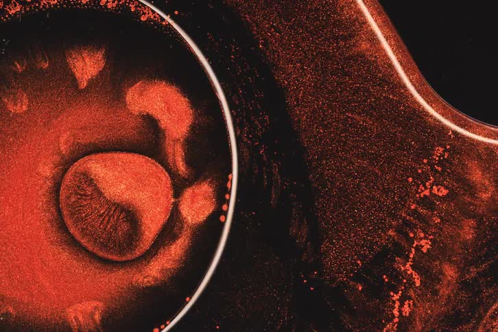 The crimson ink slowly spreads and mixes around