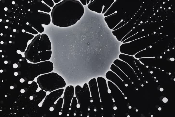 Pale fluid contracts leaving white spots forming a moving pattern against a black background