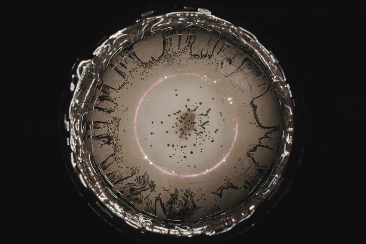 Topdown view of a rotating circular container with swirling black ink patterns in liquid illuminated by concentric rings of light