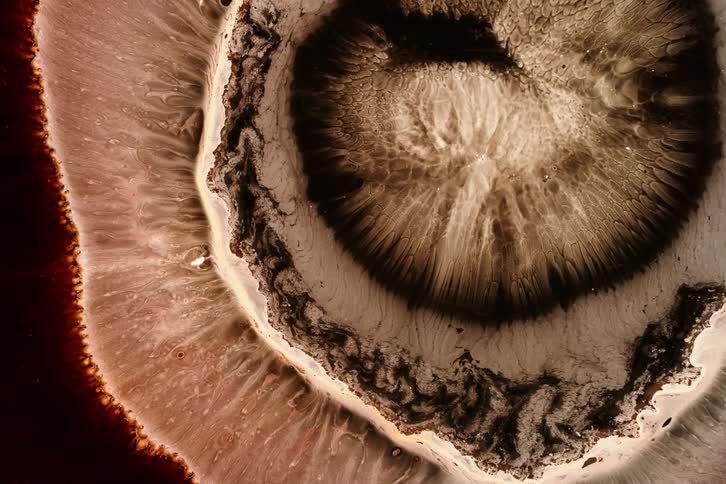 A white object with brown details in a liquid form is expanding towards its center