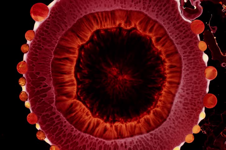 Extreme close up on an abstract expanding reddish molecule