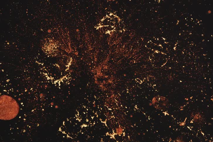 Orange particles form patterns and shapes against a background of white and dark brown