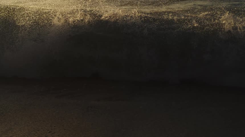 Huge wave curls and splashes as it rolls into shore at dusk as seagulls fly