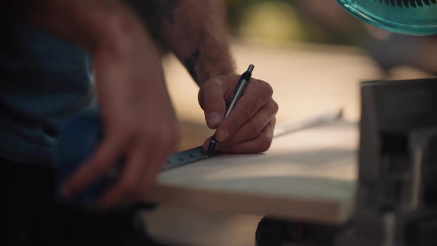 Male carpenter marks a piece of board lying under a table saw using a tape measure