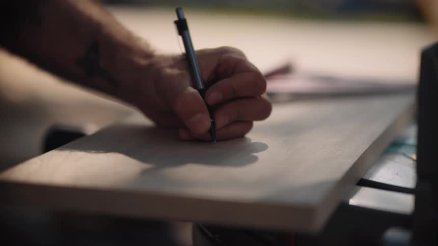 A human hand using a tape measure to measure a piece of wood