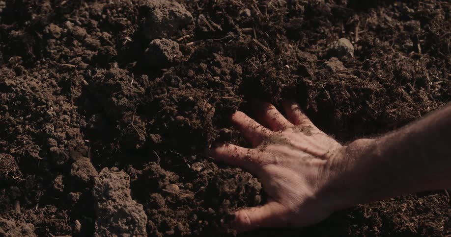 A persons hand dragging its palm across a brown earthen floor