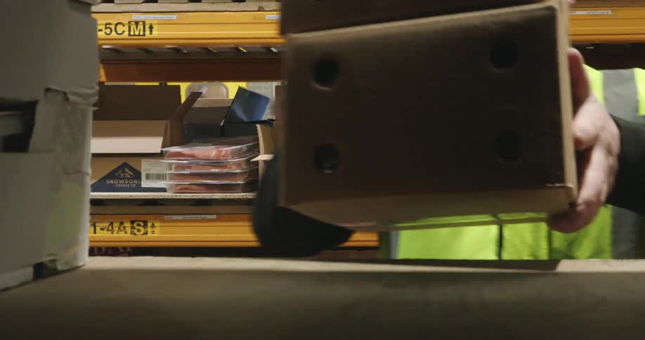 A warehouse employee places boxes on a shelf