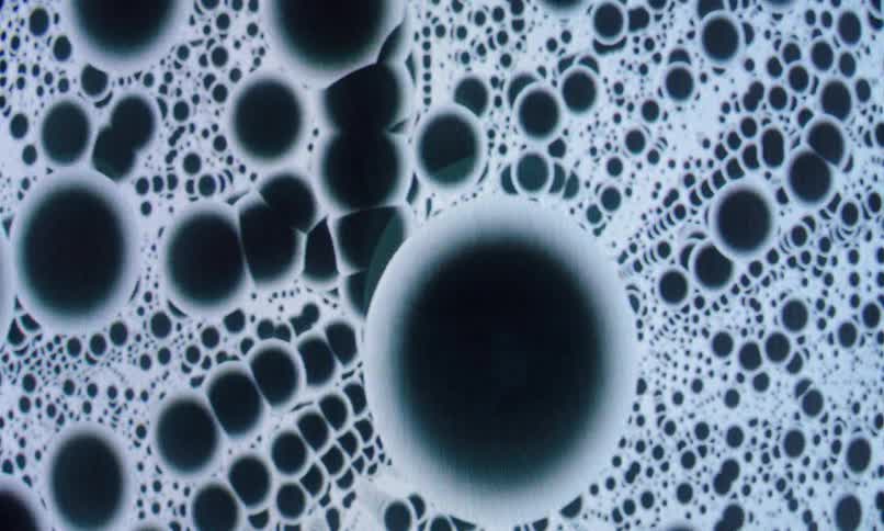 Clustered black spheres of different sizes float against a glowing pale background in a surreal scientific style
