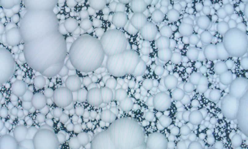 A microscopic closeup reveals abstract white spheres of varying sizes floating in a dense black liquid creating a highly textured and organic visual