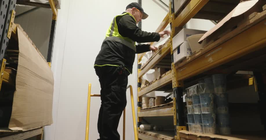 A warehouse worker climbs a yellow ladder to grab a box from a high shelf in a storage aisle