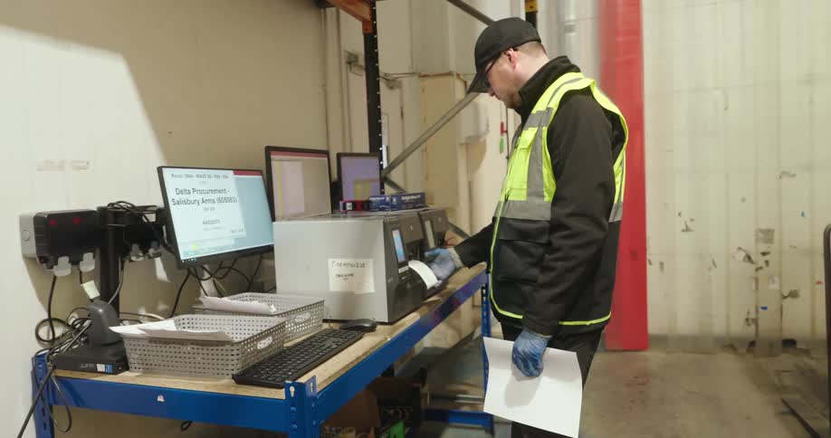 Man typing on a computer keyboard and printing invoices on a printer