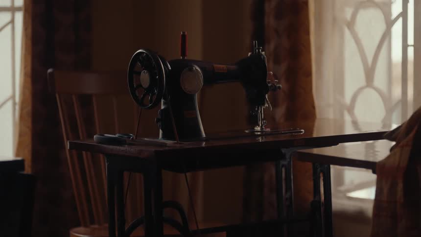 A woman in a purple dress passing in front of a sewing machine in her living room