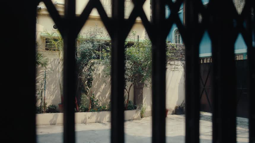 Looking through wrought iron gate into cemented backyard with plants along the wall