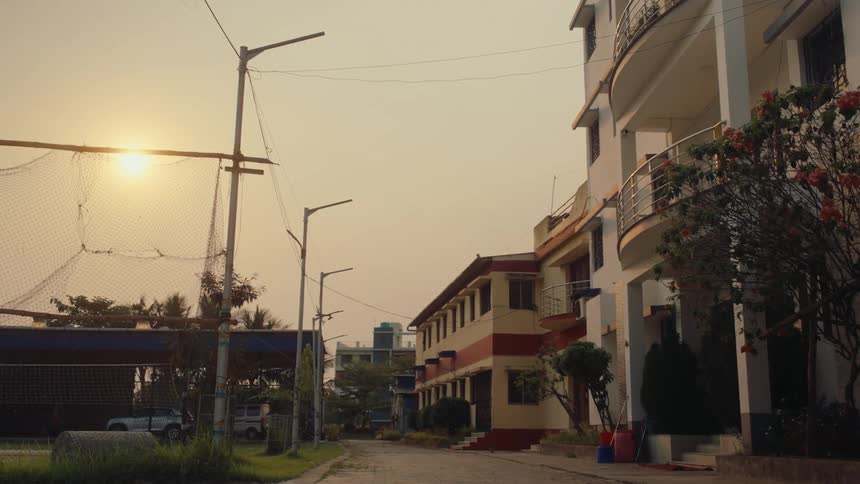A residential neighborhood at sunset with buildings lined with potted plants beside them