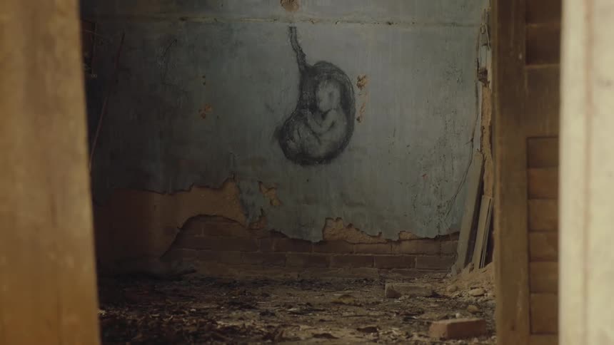 A drawing on a wall of a baby in the mothers womb