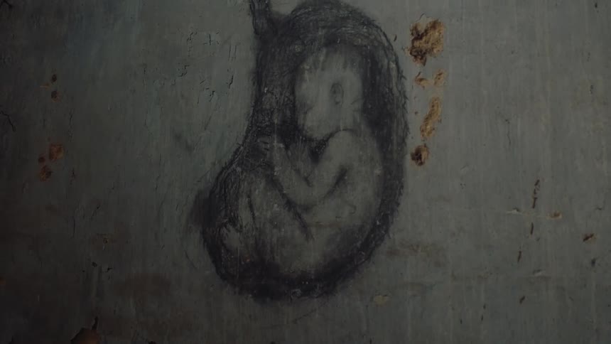 A pencil sketch of a baby in the womb appears on a concrete surface