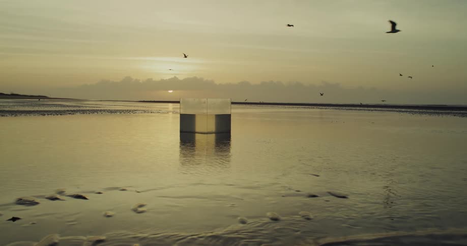 Transparent box in shallow waters of the beach at sunrise with birds flying