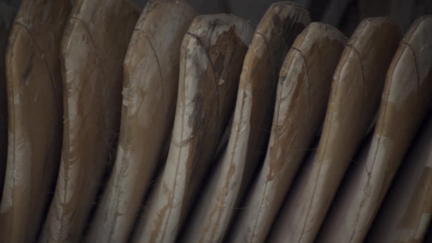 Surfboard forms are lined up standing vertically next to each other