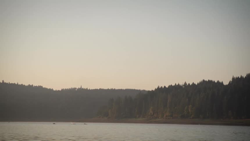 A lake surrounded by trees with ripples forming on the waters surface from the wind as the sun sets