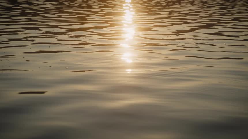 The surface of a body of water with several ripples moving and there is a strong sunlight coming from above