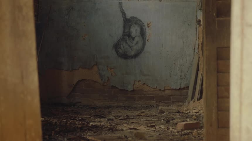 A wide shot of a decayed interior wall features a haunting mural of a fetus in a womblike shape evoking a dark and eerie atmosphere