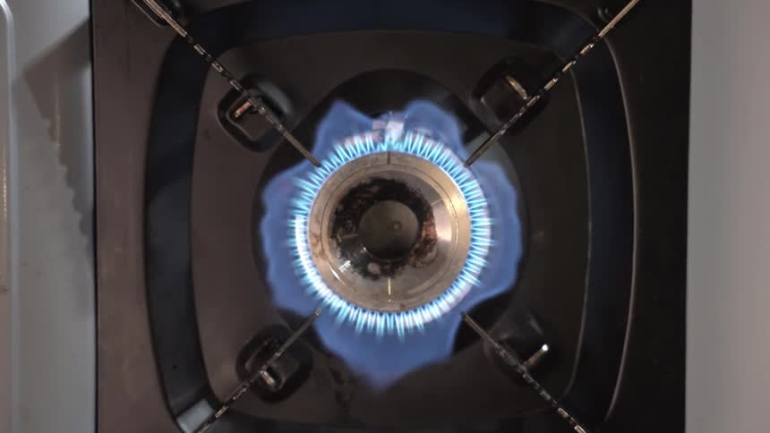 A topdown view of a lit gas stove burner shows a steady ring of blue flames encircling the metal burner head