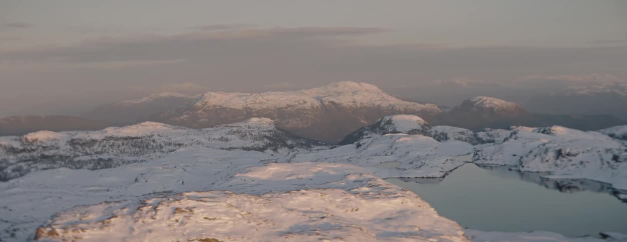 Aerial panorama of mountain ranges and a lake in the background