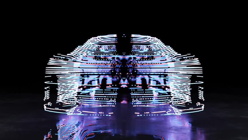 Lines of light forming theshape of a vehicle hover across the reflective floor