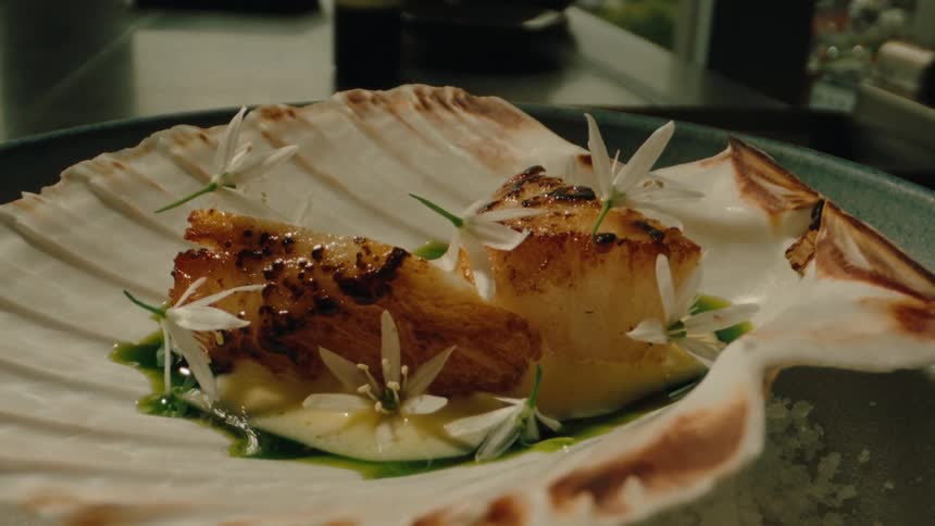 Two seared scallops rest on a creamy sauce within a scallop shell garnished with delicate white flowers and green oil
