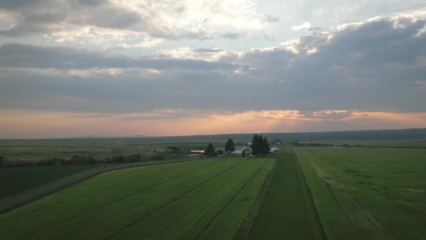 An aerial view shows vast cultivated fields stretching towards a distant horizon