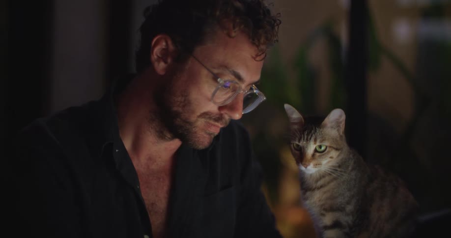 Man talking to his cat sitting on his desk as he works on his laptop at night