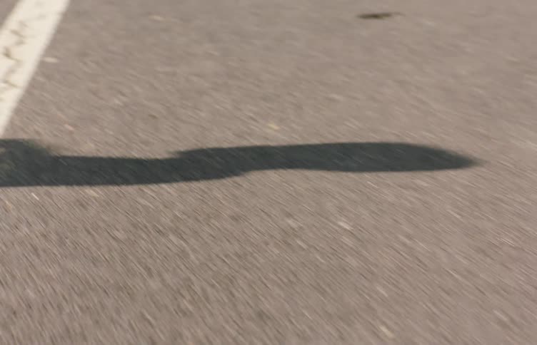 The shadow of a jogging person stretches across a textured asphalt road intersected by a bright white line