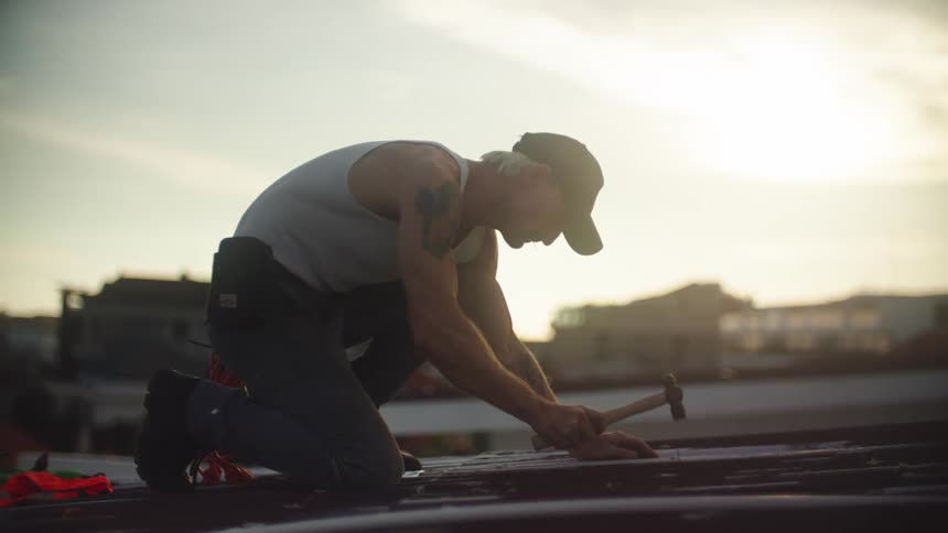 Man in cap holding hammer and driving nail into roof