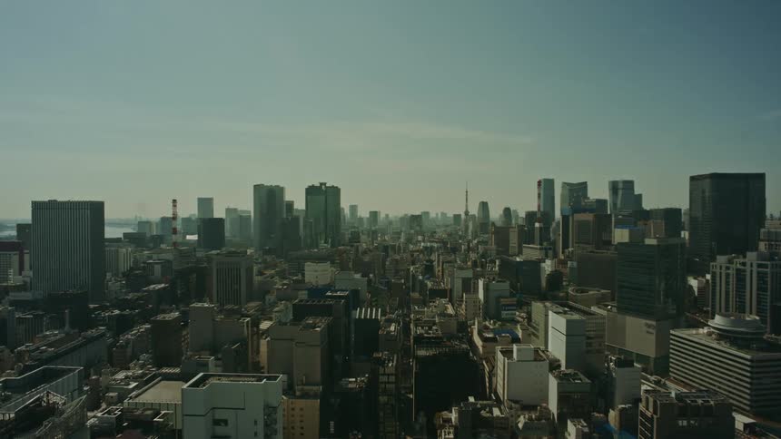 A hazy high angle view of a dense urban cityscape with numerous buildings stretching towards the horizon under a pale sky