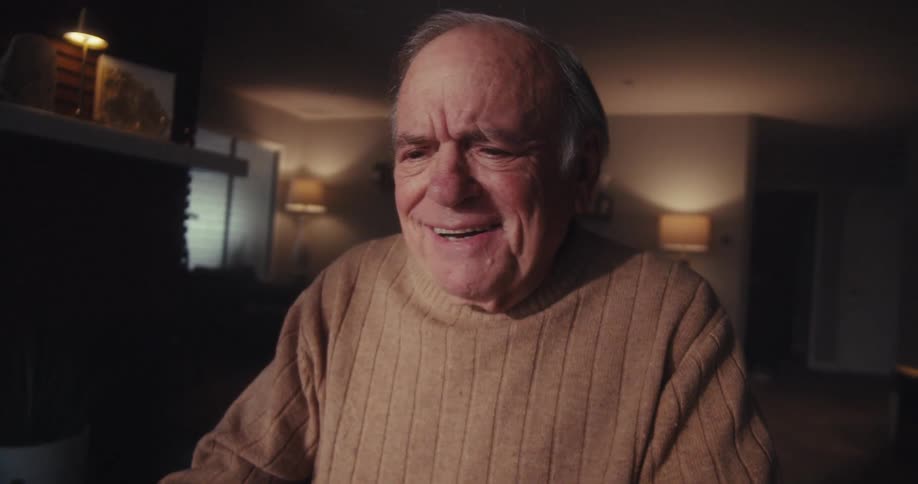 Cheerful elderly man sitting in front of a laptop