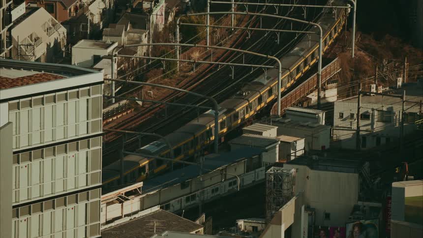 Aerial of trains passing through the tracks during the day