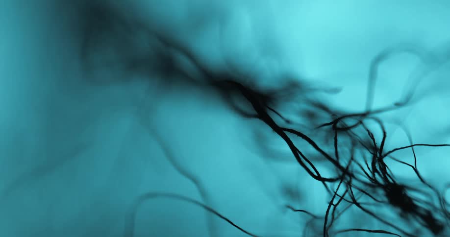 Dark tangled fibers or organic strands swirl over a vibrant cyan background in an abstract possibly microscopic view