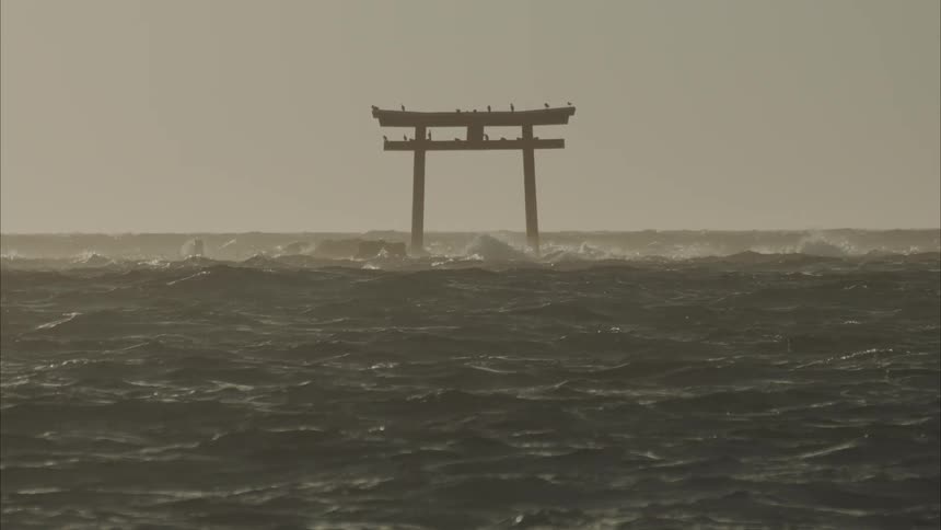A wooden structure is getting hit by waves in the ocean