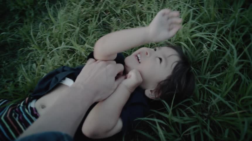 A toddler lies in the grass laughing as an adult playfully tickles and rolls them capturing a joyful and playful moment outdoors