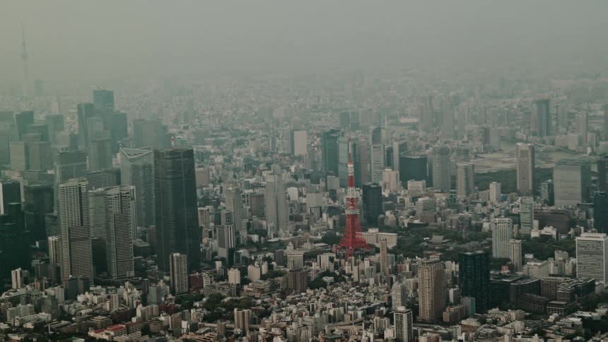 Aerial view of a metropolis on a foggy day