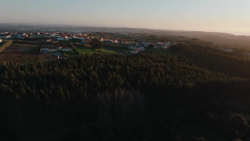 A large forest is before the farms and village
