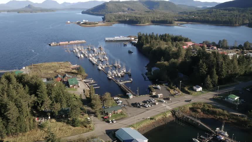 An aerial view of a coastal marina town surrounded by forested hills and waterways featuring a small harbor with docked boats buildings roads and lush greenery